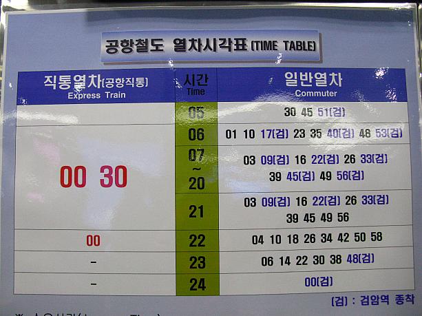 ソウル駅発の時刻表はこちら！左が直通列車、右が各駅停車ですよ！<br>右の青い数字は「コマム(黔岩)駅」止まり、空港まで行かないのでご注意を～～。