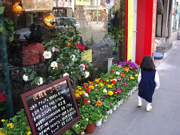 喫茶店の前のミニ花壇。女の子は記念撮影の準備中＾＾