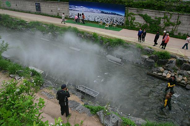 明日に控えたハイソウルフェスティバル最終日に向けて、あちこちで調整中～<br>清渓川では、作業中に噴水が出て悲鳴と笑い声が起こってましたヨ
