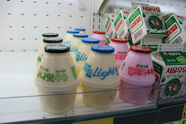 ナビも何か買おうかな～ということで、お店に入ったついでに商品チェック！韓国人にとっては馴染み深いバナナウユ（牛乳）。<br>日本と技術提携して、今月からローソンで販売開始だとか？！こちらでは１１００ウォンで売ってま～す！