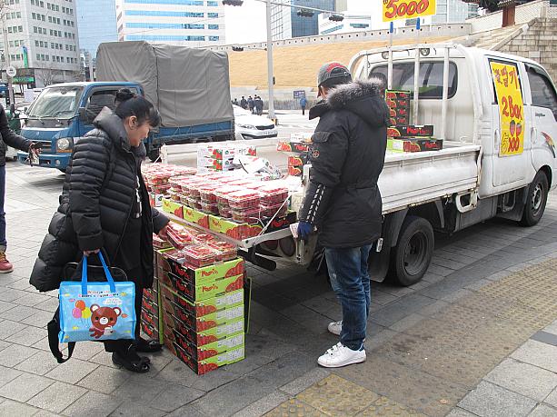 「寒いから早く売って早く帰りたいんだ」とおっしゃるお兄さんが売るイチゴはなんと２パックで５千ウォン！