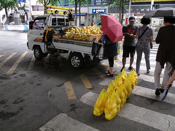 雨が降っているから韓国の初夏を代表する果物チャメを売る屋台も高架下に移動～