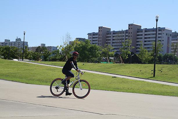 漢江沿いは長いサイクリングロード！自転車に乗って楽しむ人も！