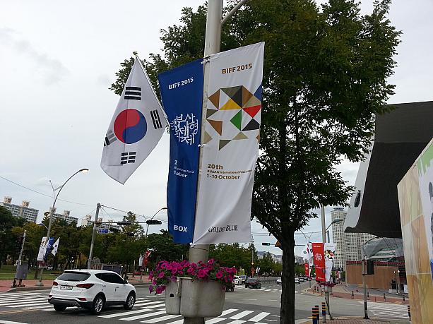 韓国の太極旗（テグッキ）も一緒に道路沿いにずらりと続く旗！