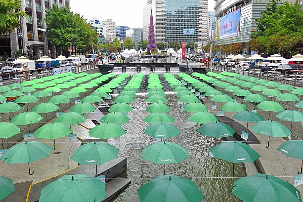 わわっ、傘の大群！今日は雨だから清渓川も傘をさしてる！？（はずはないか！）