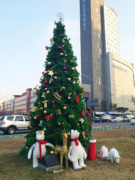ソウルの街中を歩いているとたくさんのクリスマスツリーに出会えるんです！　こちらは東大門の清渓川にかかる橋の上にあるクリスマスツリー。
