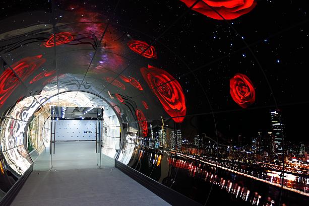 こちらはソウルの夜景とバラが鮮やかに映し出されるトンネル型の大型パネル。この他にもいろんなメディアアートがあちこちに。