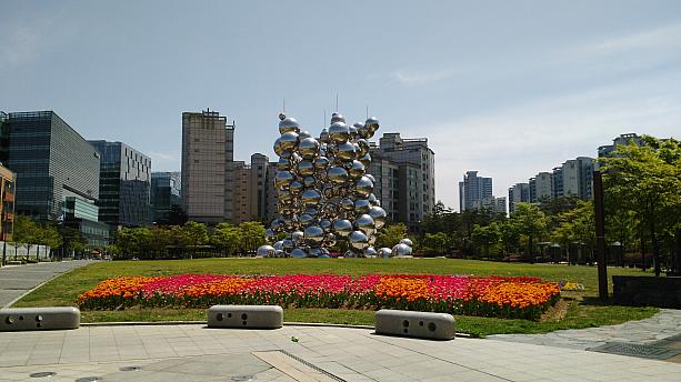 ソウル西部、デジタルメディアシティのある公園にやってきました。お花のじゅうたんが見えます。