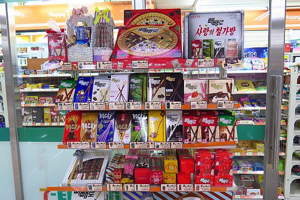 棚には日本のポッキーに似たお菓子、ペペロがたくさん並んでいます。ポッキーの姿も！？