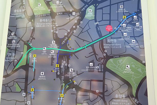 西はソウル駅の裏のほうから、東は南大門市場の最寄り駅、地下鉄４号線フェヒョン（会賢）駅の辺りまで伸びているこちら。