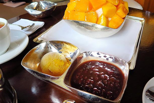 アップルマンゴーかき氷（42,000ウォン）の小豆とマンゴーシャーベット＠新羅ホテルのザ・ライブラリー