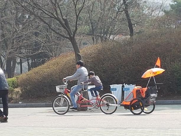 こちらは傘付きの二人用ベビーカー付きの自転車。さぁ、ピクニックもok~運動もok~のヨイド公園に行ってみませんか？