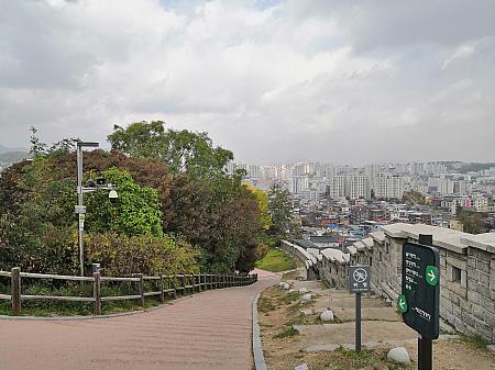 城壁沿いに森林があり、ソウルの街を望めます。