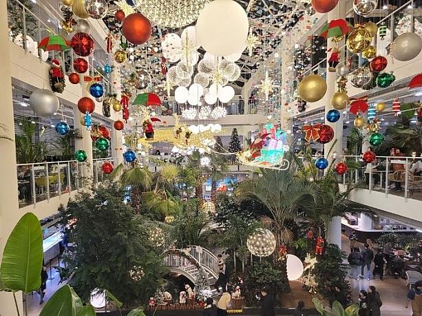 まるで植物園のようなメイン広場の天井からクリスマス用の飾りがいっぱい吊り下げられています。