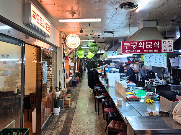 地下商店街の様子。様々なお店とその看板が所狭しと並んでいます。