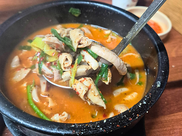 テジネジャンクッパプ（豚内蔵クッパ）は、臭みがなく食感のよい豚の内臓がたっぷり。日本人にも食べやすいやさしい味わいでした。