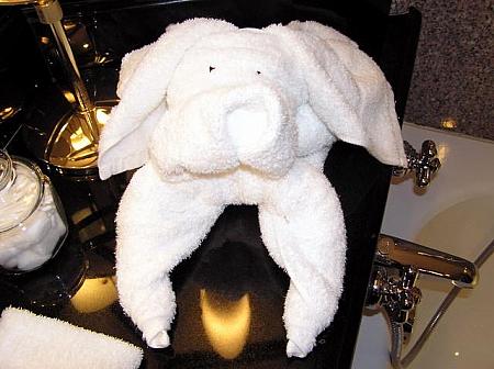 シャワールームに用意されたタオルは象の形にたたまれていて、お子様が喜びそうですね。