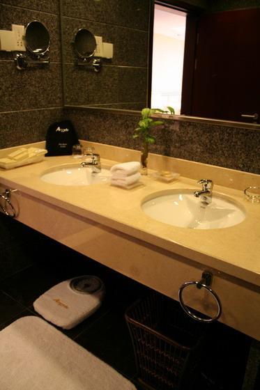こちらのバスルームはバスタブ式。洗面台はさすが2人で同時に使えるタイプです。