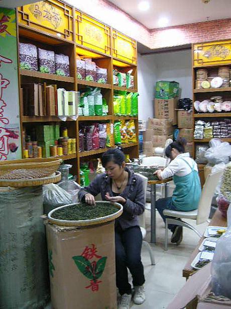 ちょうど秋茶の鉄観音が出回る時期なので、どのお店も茶葉を選り分けるのに忙しそう。太い茎や混ざりモノなどを、こうやって手作業で取り除くんです。