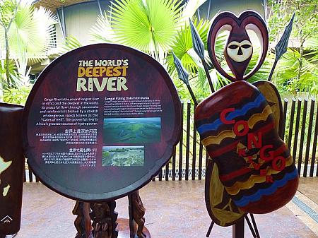 コンゴ川のコーナーに立つ、色鮮やかで楽しい看板