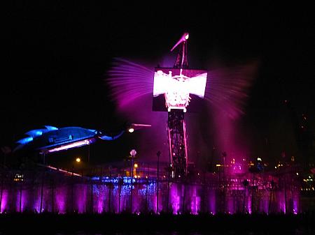 ライトで紫に彩られた美しい羽を見せつける右の鶴