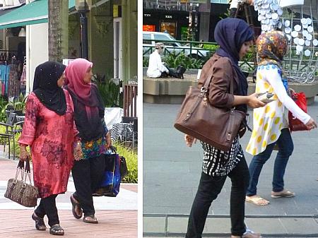 右側は若いマレー系女性たちのファッション。<br>紺色のヒジャブと、ぴったりしたジーンズの色がぴったり。