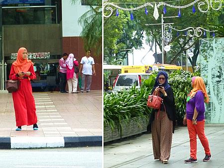 左はサルタン・モスク近く。右はオーチャード・ロードの<br>イスラム女性。オレンジ色の使い方が効いています。