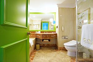 浴室の扉と鏡の淵は緑色！