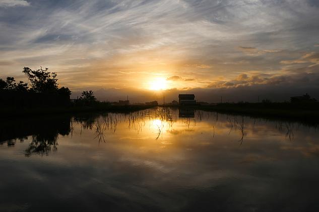 蘭陽平原の田園を映し出す夕日