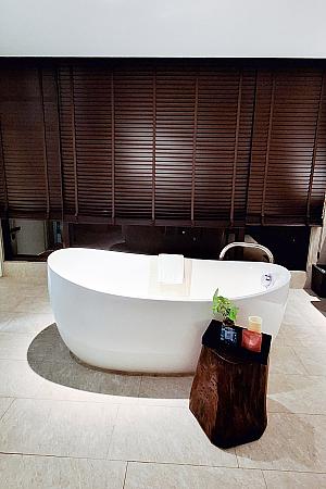 たまご型のバスタブでゆったりと入浴！もちろんバスソルトもIN