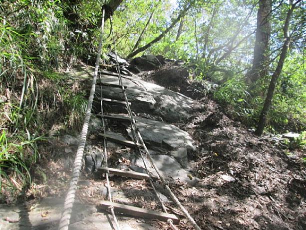さらに30分ほど下ると岩の多い急な道になります。太いロープと梯子がついていますので、安心してゆっくり下りましょう。30分くらいはかかります