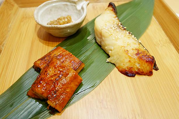 焼き物は2日間じっくりタレに漬け込んだ銀鱈の西京焼きと台湾産ウナギの蒲焼、ご飯に載せて食べるもろみ味噌の金山寺味噌。銀鱈は皮まで美味しく、ご飯が進みます。