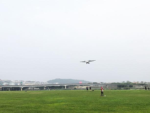 飛行機が飛んできました！風向きによっては松山空港を離着陸する飛行機が見られます。