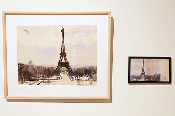 ヨーロッパで生活していた頃の作品も飾られています。「席德進」が描いたフランスのエッフェル塔はエレガントな中に温かみが感じられる気がします。この水彩画は表紙に使われました。<br>《巴黎鐵塔》1963, 水彩、紙本, 48x64cm 收藏單位 / 國立歷史博物館