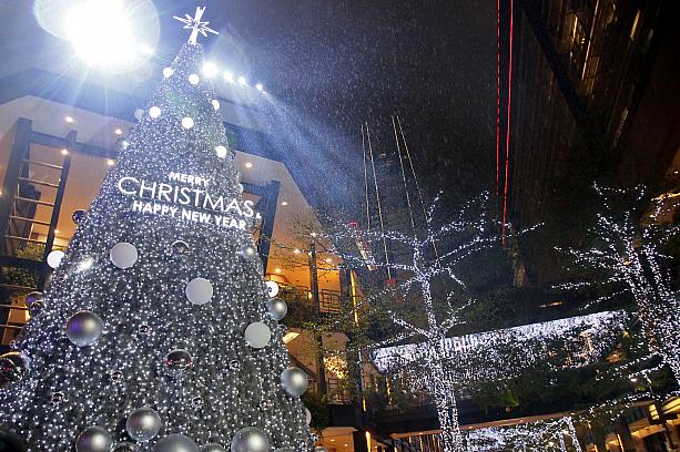 新光三越A11前の広場にあるクリスマスツリーは高さ17mの巨大ツリー！シルバーホワイトのツリーはホワイトクリスマスを彷彿とさせます。今年も17時～22時の毎時0分と30分に雪を降らすライティングショーがありますよ！今年訪れた日が悪かったのか、霧雨のような雪で寒かった～(涙)(～2023.1.3)