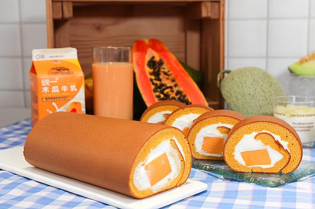 <b>木瓜牛乳生乳捲　420元(18cm)/380元(12cm)※NEW※2025/8/8までの限定販売</b><br>そして、もう1つ要チェックなロールケーキがあります。それが新商品パパイヤミルクのロールケーキ「木瓜牛乳生乳捲」です。