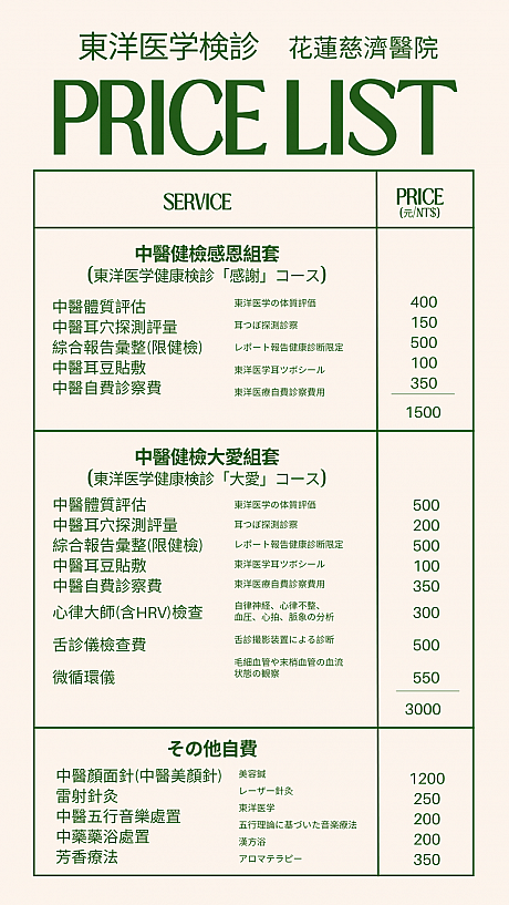 「花蓮慈濟醫院」東洋医学健康検診価格表