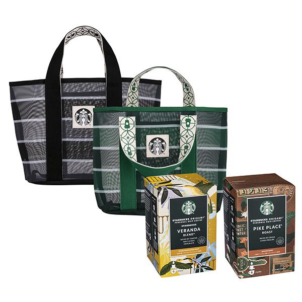 掛耳條紋提袋禮<br>セット内容：條紋網布手提袋(2つのうちから1つ)、ドリップコーヒー6個入り2箱(自由に選べます)<br>※差額を追加すれば星巴克VIA抹茶粉、星巴克VIA福吉茶粉、黑咖啡VIA 12入に変更可能