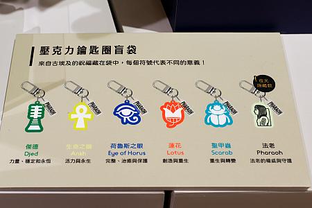 何が出るかは買ってからのお楽しみ～なアクリルキーチェーン各180元も見逃せません！古代エジプトのアミュレット(お守り)がモチーフに。身に着ければ幸運舞い降りる？？