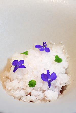 <b>[甘味]レンブ 日本酒 味醂 蜂蜜</b><br>お気付きですか？メニューはほぼ食材しか書かれていないんです。調理の様子を眺めながら、デザートは焼菓子か？！などと予想していたナビですが、うれしい誤算、お口をさっぱりさせてくれるソルベでした。台湾らしい果物・レンブを使った甘酸っぱい味わい♡