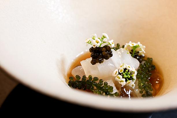 <b>[お造り]アオリイカ ごぼう 海ぶどう</b><br>柔らかくも適度な弾力のあるイカをごぼうの風味漂う甘酢ソースと共にいただきます。口の中でプチプチッとはじけるキャビアと海ぶどうの食感も楽しい1皿です。見た目も華やかなエディブルフラワーに心躍ります。