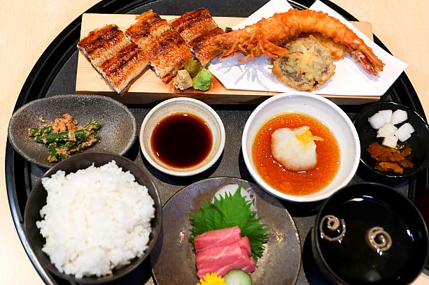 <b>【母の日限定】柚子風味・海の幸の盛り合わせ御膳(柚見・海味盛合御膳)990元</b><br>うなぎ×天ぷら×刺身の豪華盛り合わせです。シグネチャーのうなぎはもちろん、和食の定番も食べたい人におすすめ！